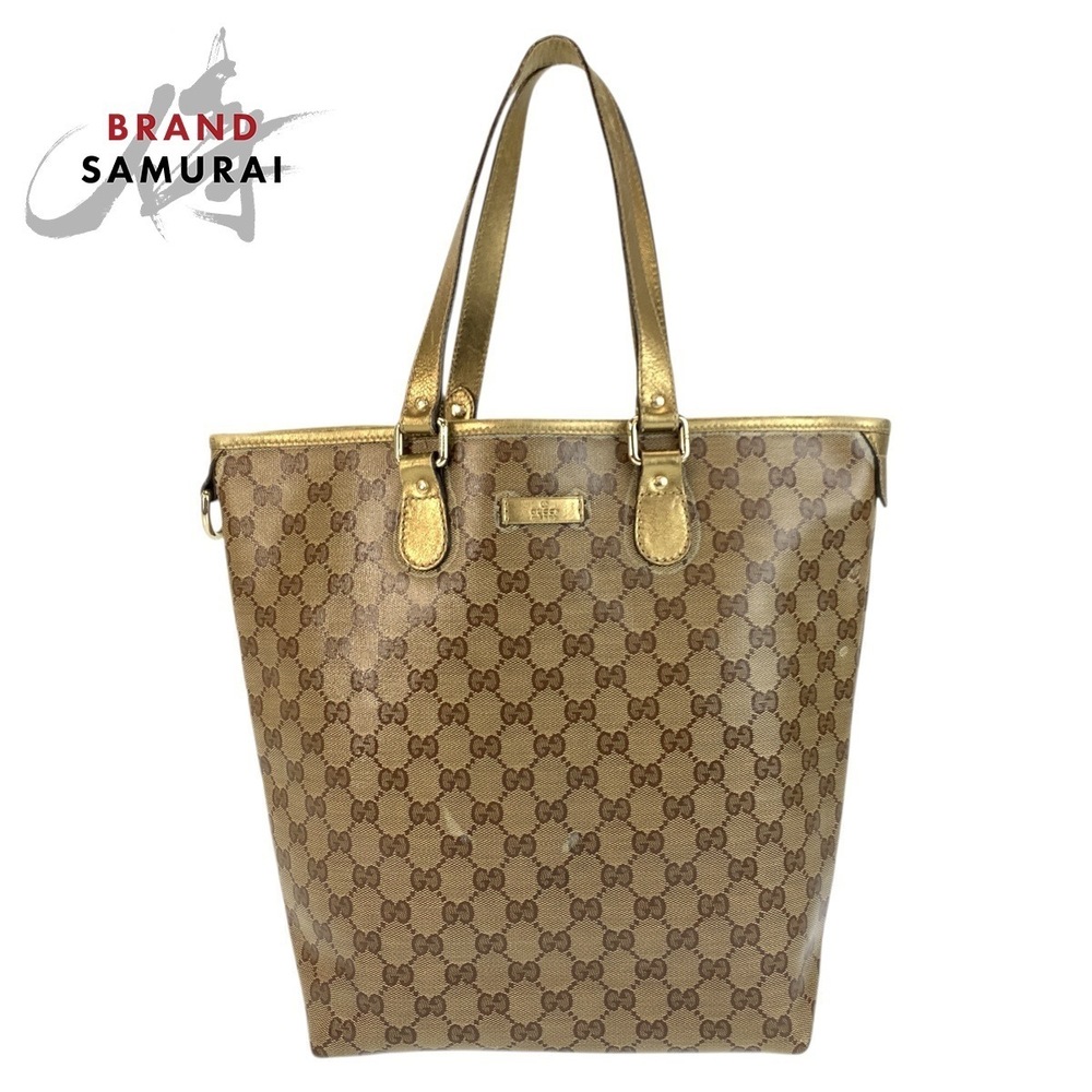 GUCCI GG Crystal Tote Bag Shoulder Beige Leather